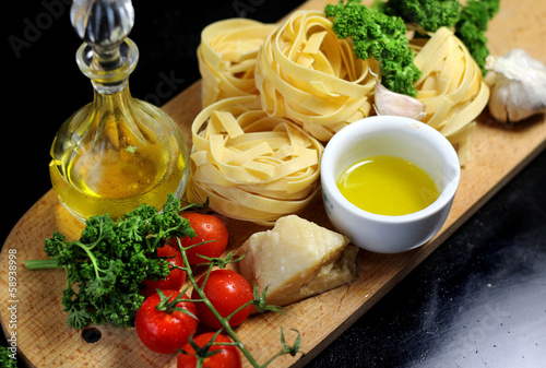 Traditional Italian food tagliatelle with ingredients