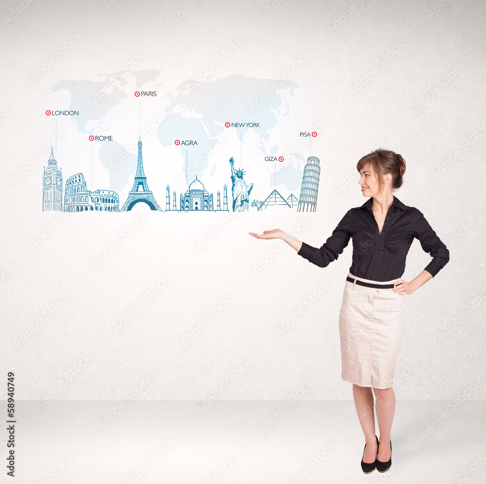 Business woman presenting map with famous cities and landmarks Business woman presenting map with famous cities and landmarks