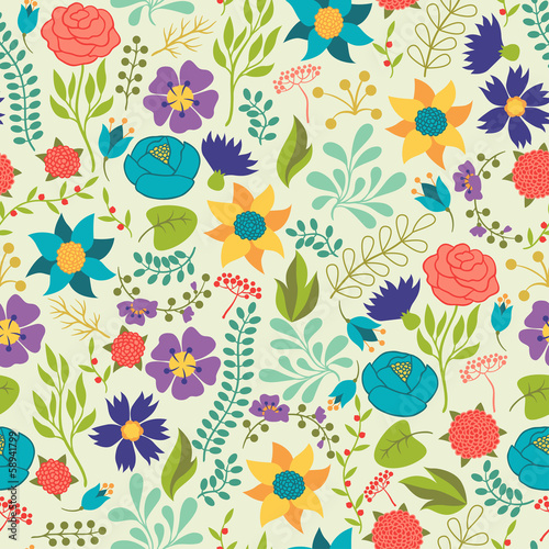 Romantic seamless pattern of various flowers in retro style.