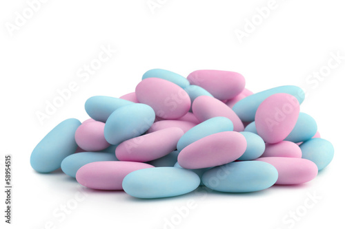 heap of pink and blue sugared almonds