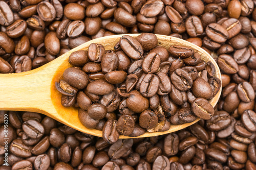 Wooden Spoon With Coffee Beans Close Up