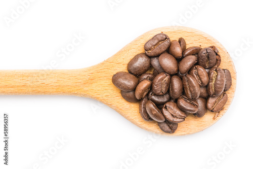 Wooden Spoon With Coffee Beans On White Background