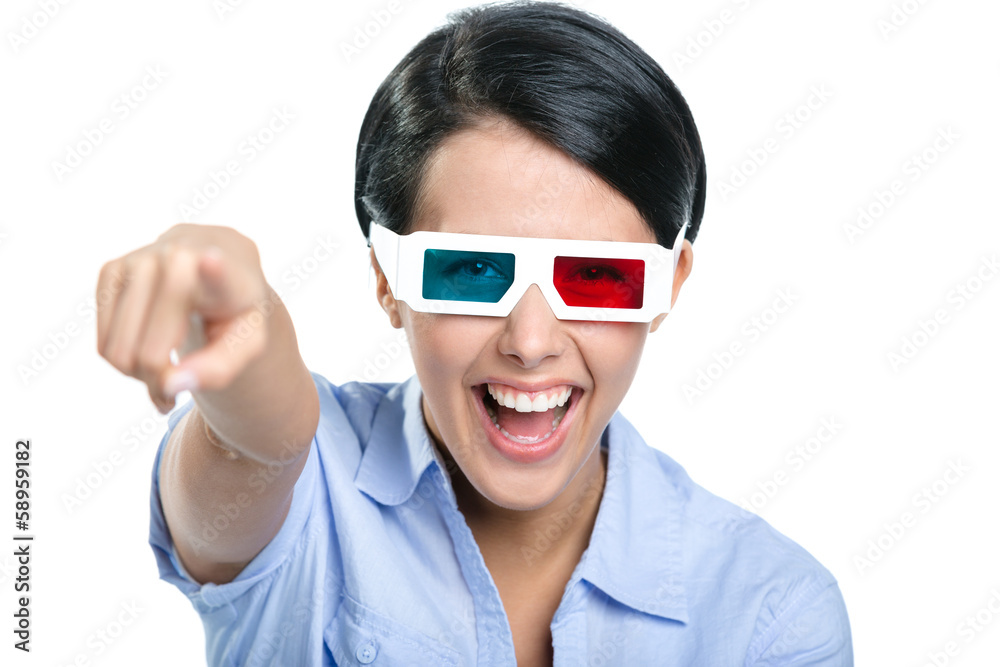 Pointing with forefinger girl in 3D glasses watches the movie Pointing with forefinger girl in 3D glasses watches the movie