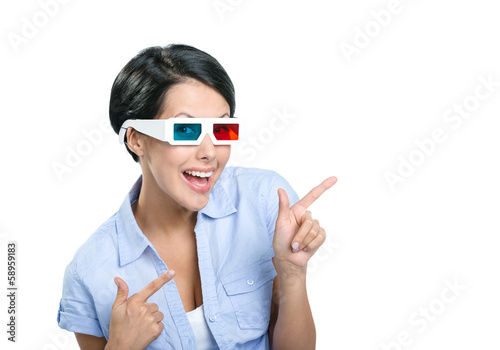 Pointing with forefingers girl in 3D spectacles  isolated 
