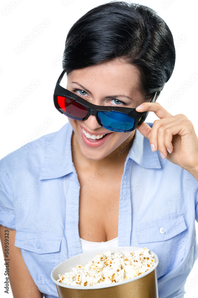 Girl in 3D glasses watching film with popcorn, isolated Girl in 3D glasses watching film with popcorn, isolated