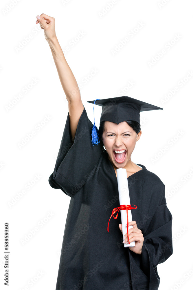 Graduating student gesturing fist with the diploma, isolated Graduating student gesturing fist with the diploma, isolated