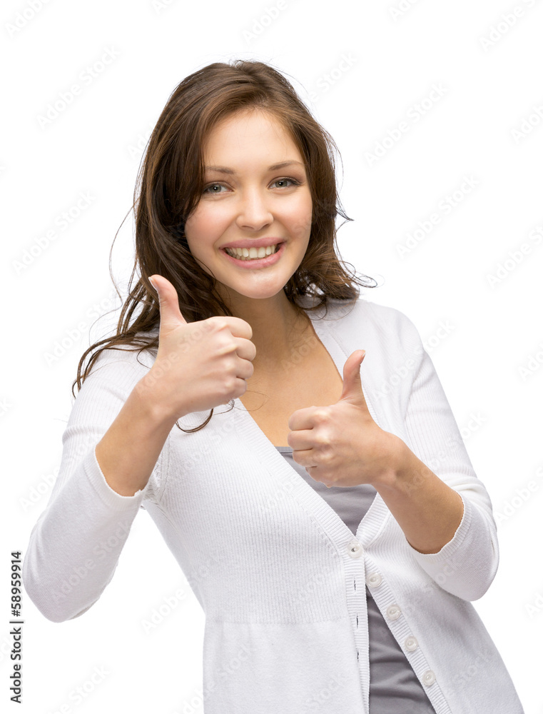Half-length portrait of young girl who thumbs up with both hands Half-length portrait of young girl who thumbs up with both hands