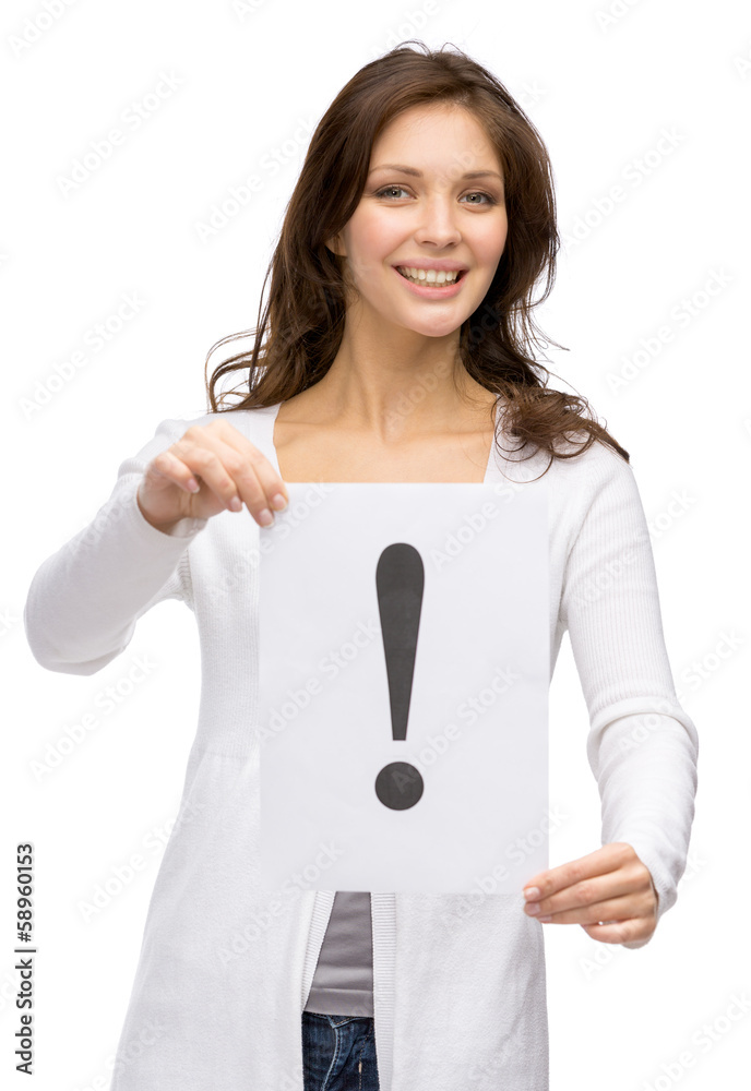Half-length portrait of woman handing exclamatory mark Half-length portrait of woman handing exclamatory mark