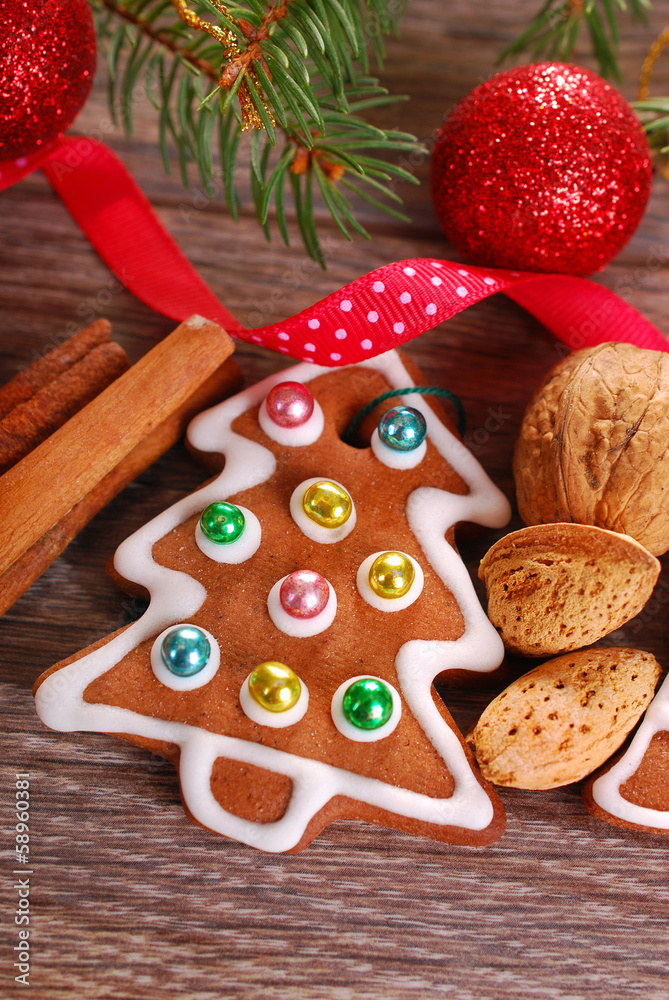 christmas decoration with gingerbread cookie and spices