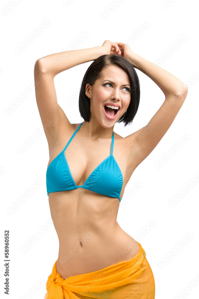 Portrait of female wearing bikini with yellow pareo Portrait of female wearing bikini with yellow pareo