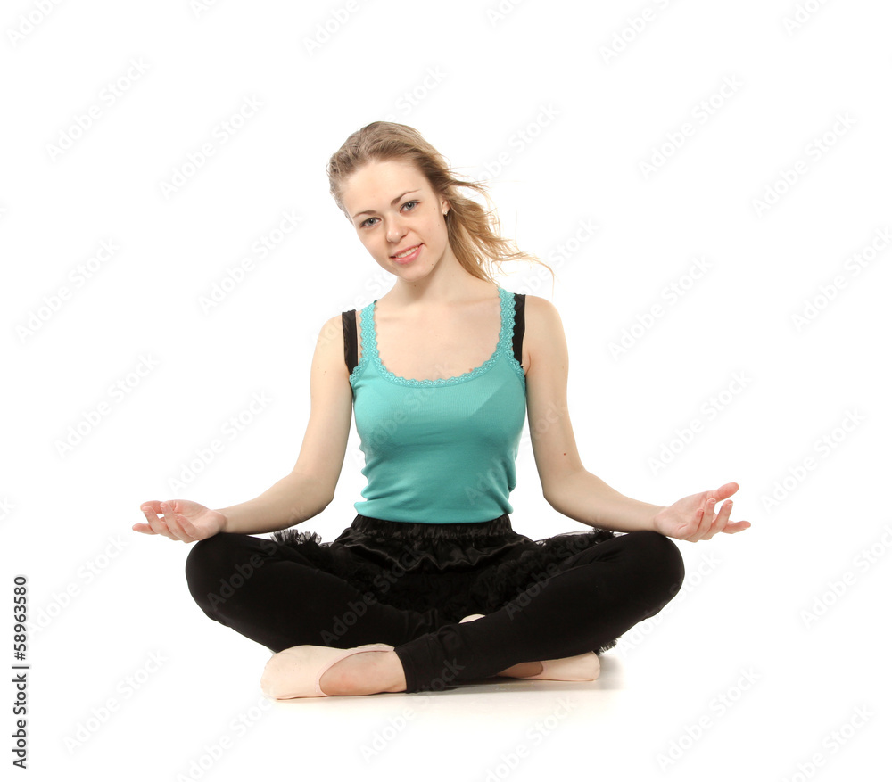 Young woman in advanced sitting yoga pose, isolated on white bac Young woman in advanced sitting yoga pose, isolated on white bac