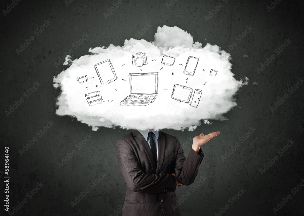 Professional business man with cloud network head Professional business man with cloud network head