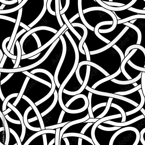 Black and white tangled messy wires or threads seamless pattern