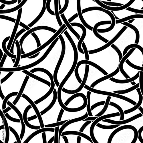 Black and white tangled messy wires or threads seamless pattern