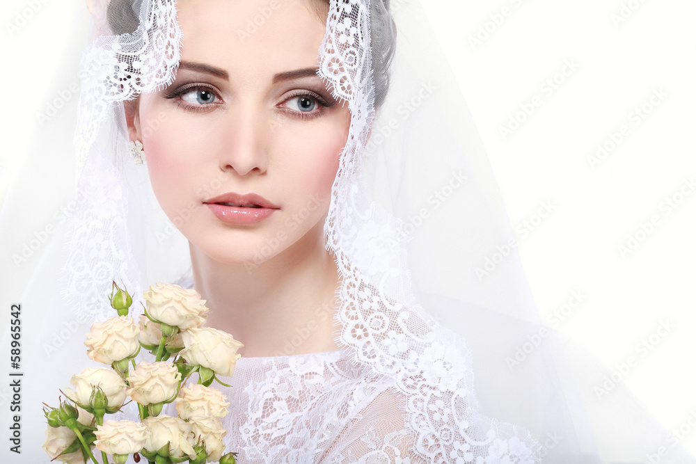 Naklejka premium Portrait of beautiful bride. Wedding dress. Wedding decoration