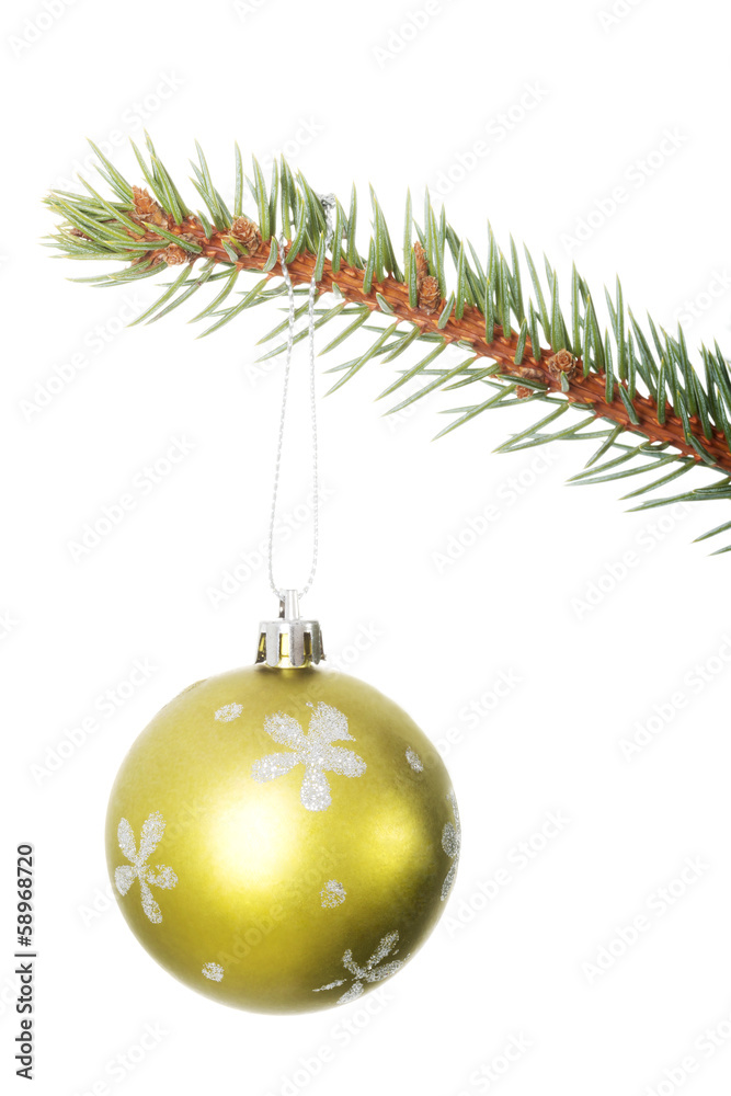 One separated christmas ball handing on a twig. One separated christmas ball handing on a twig.