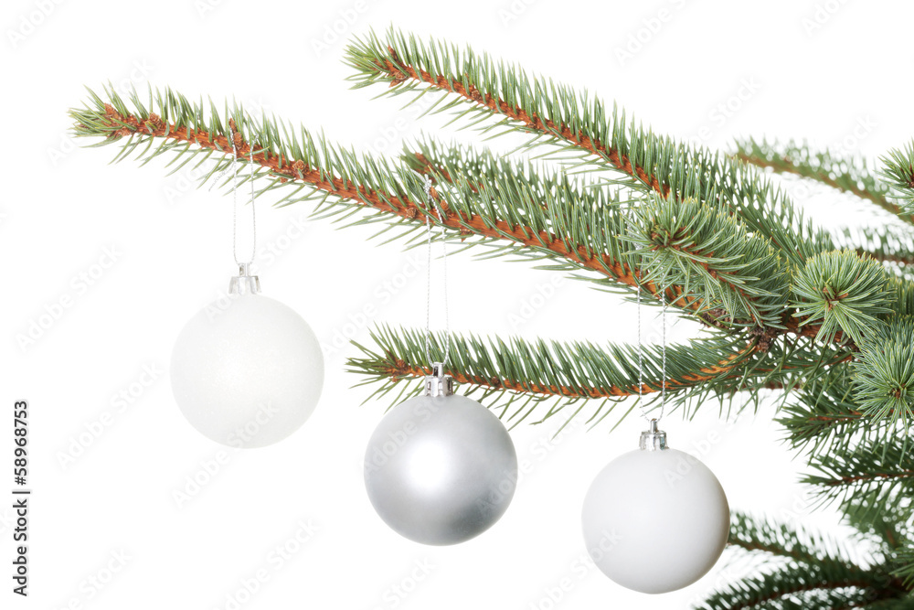 Three christmas balls hanging on a twig. Three christmas balls hanging on a twig.
