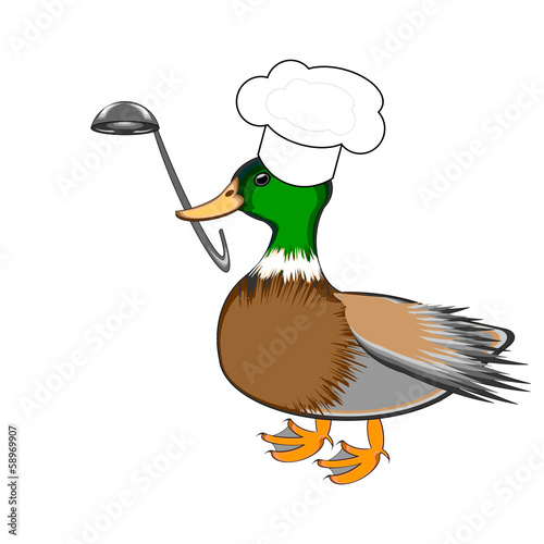 A funny duck with a chef hat and a soup ladle in its beak