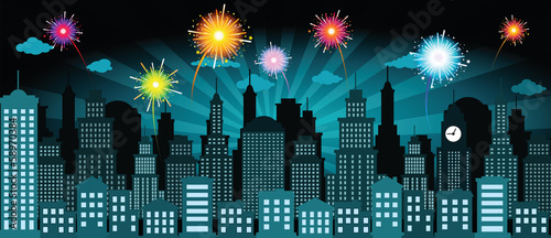 Night city and fireworks