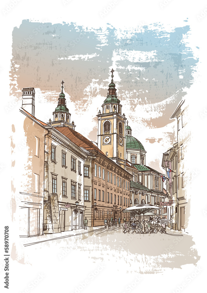Vector drawing of central street of Ljubljana