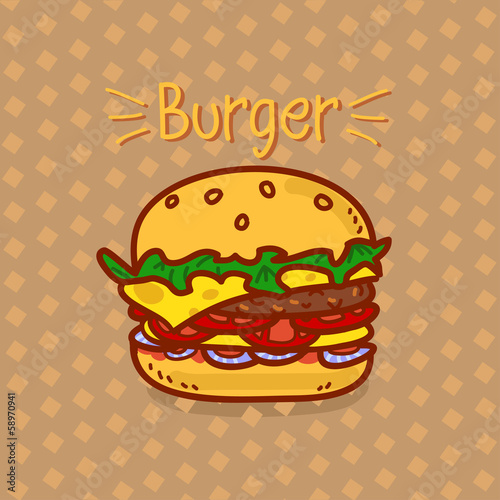 Cartoon hamburger with an inscription on a brown background