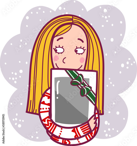 The girl got a tablet-pc as a gift for Christmas.