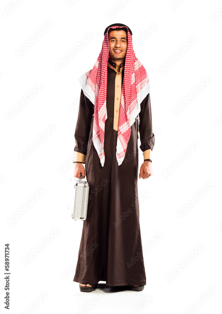 Young smiling arab with a aluminum case isolated on white Young smiling arab with a aluminum case isolated on white