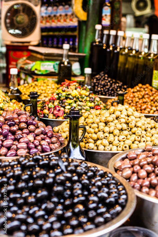 Assortment of olives on market,Tel Aviv,Israel