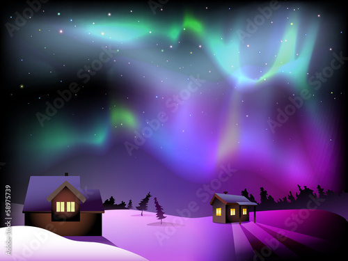 Aurora borealis and houses on Christmas Eve