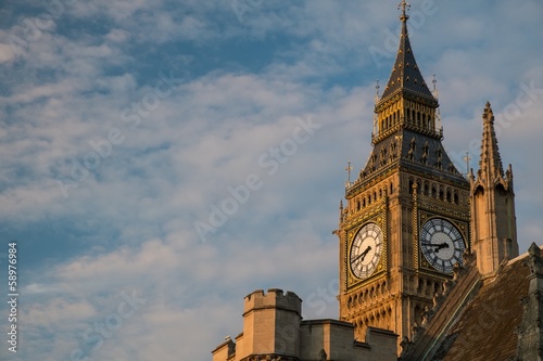 Big Ben tower at sunset in London, England