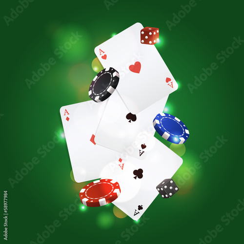Vector poker background with playing cards, chips and dices