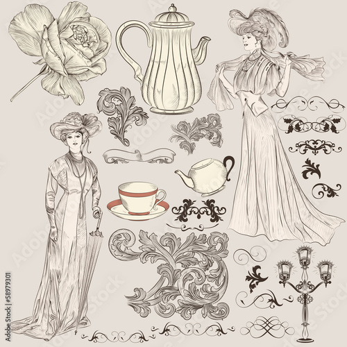 Vector set of hand drawn detailed elements in vintage style