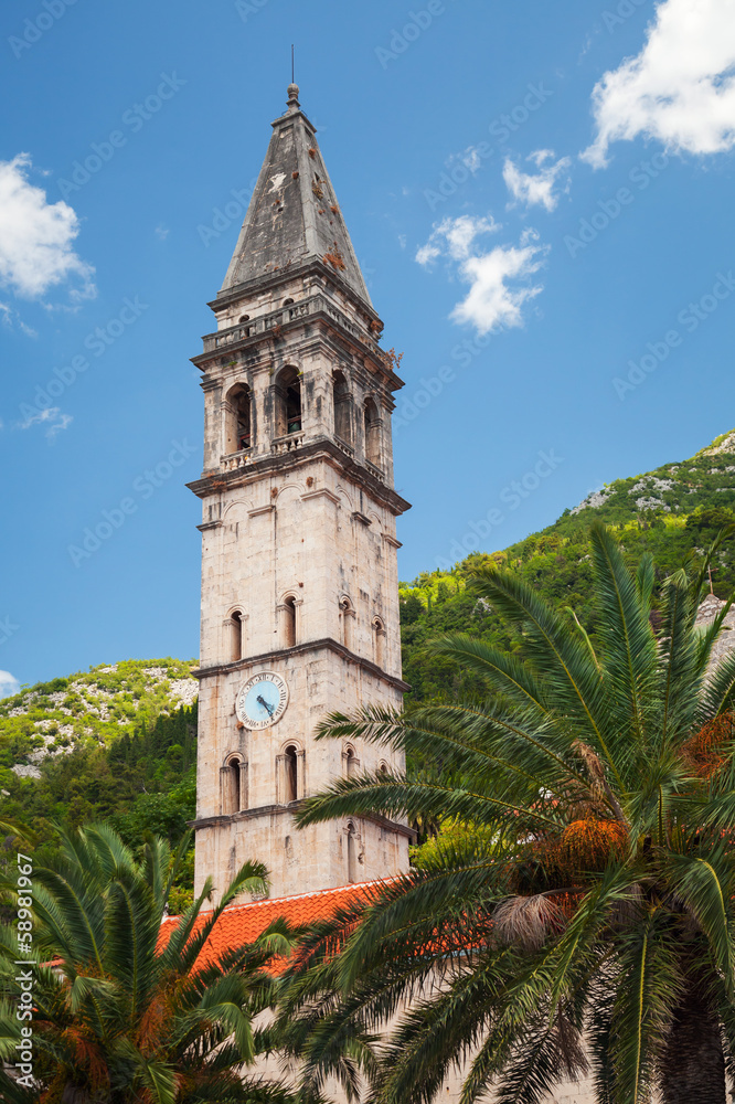St. Nicholas Church tower in Perast town, Montenegro