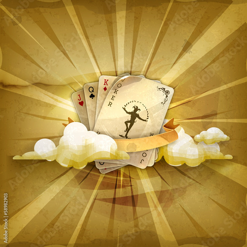 Playing cards with a joker, old style vector background