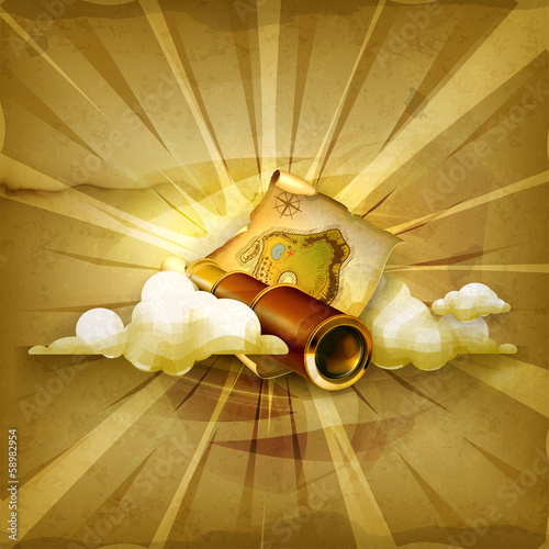 Old map and spyglass, old style vector background