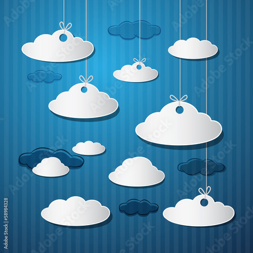 Vector Paper Clouds With Strings on Blue Background