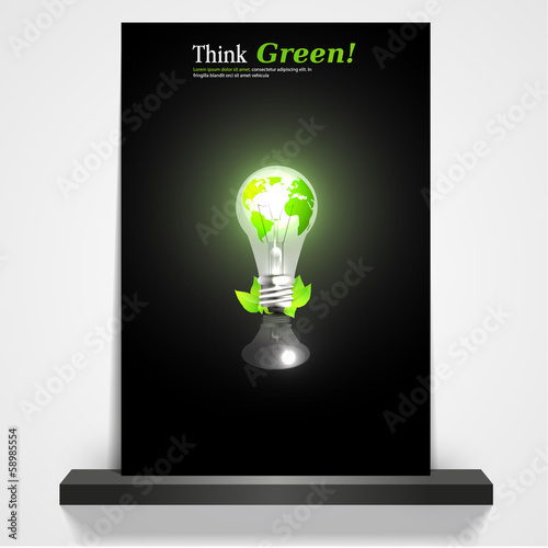 printable green eco magazine or flyer cover, 3d Light Bulb illus