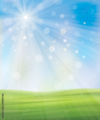 Vector spring background, blue sky and green grass.
