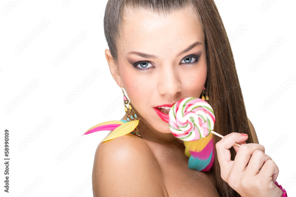 Colorful fashion model with lollipop