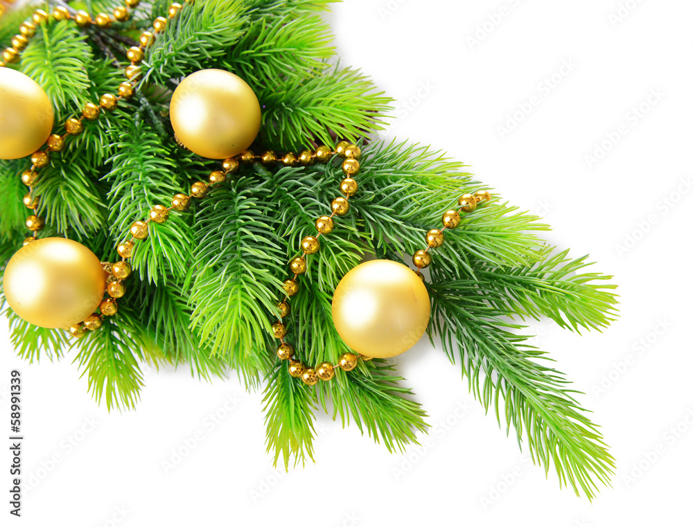 Christmas balls on fir tree, isolated on white Christmas balls on fir tree, isolated on white