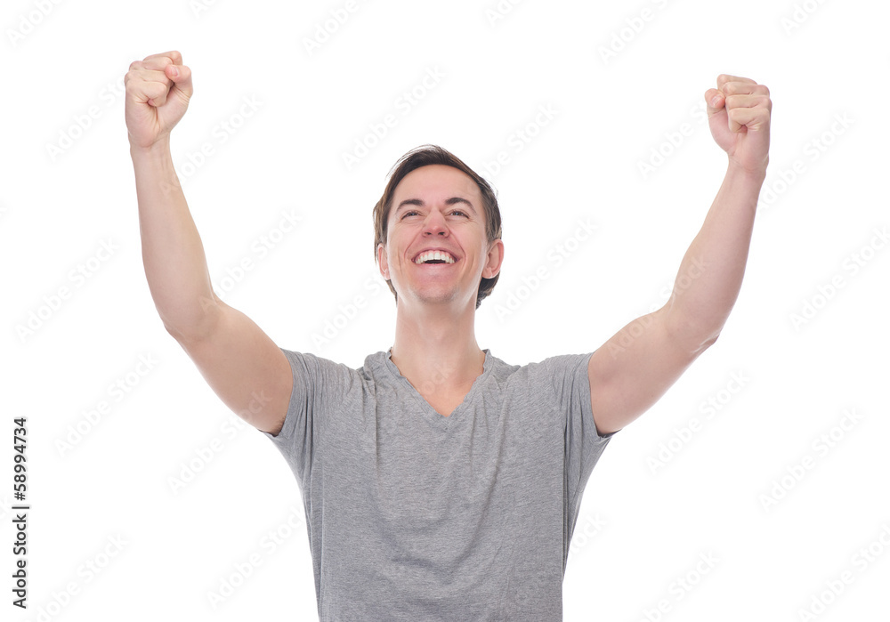 Portrait of a man smiling and celebrating with arms outstretched Portrait of a man smiling and celebrating with arms outstretched