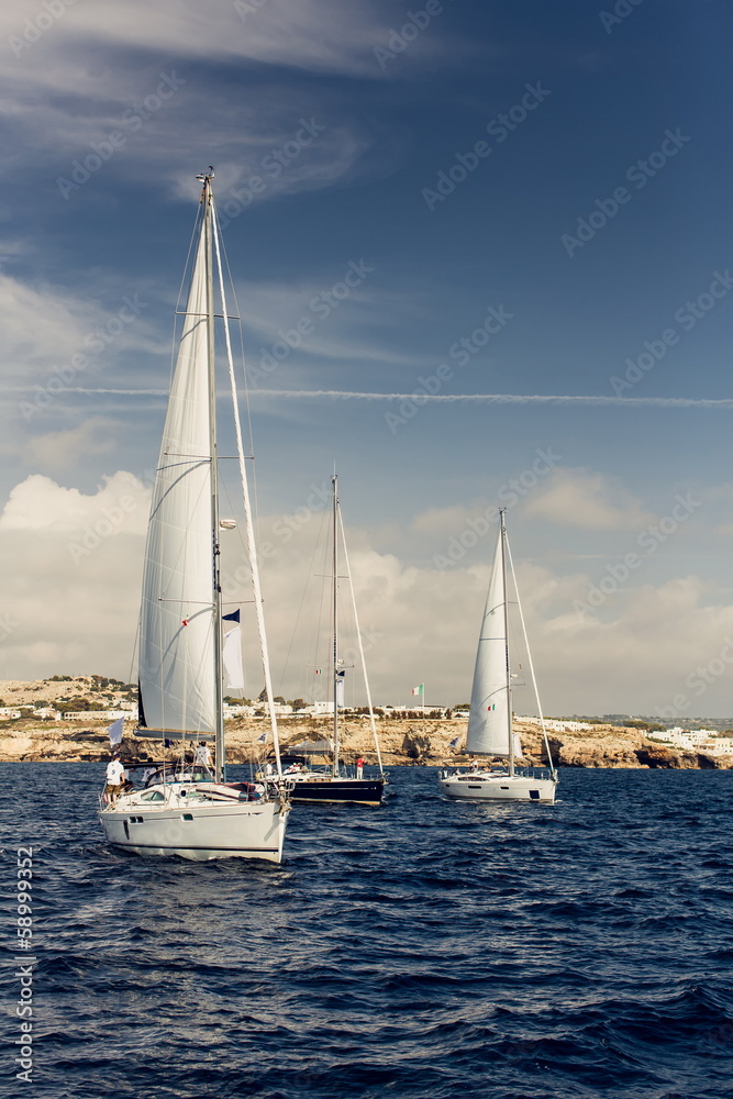 Sailing ship yachts with white sails