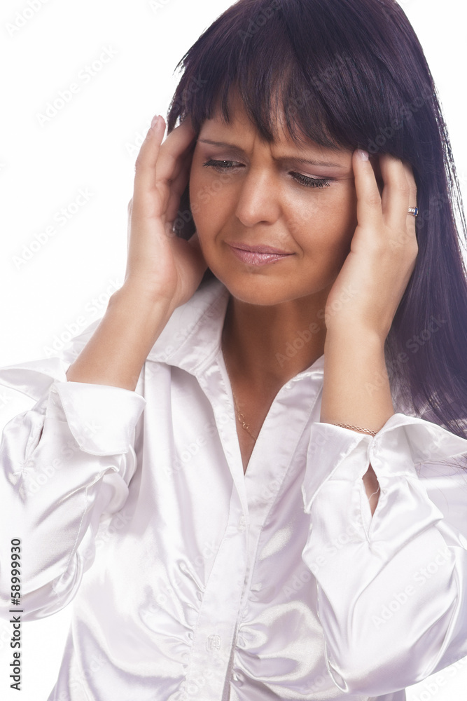 Portrait of Brunette Woman Experiencing Headache in Forehead Portrait of Brunette Woman Experiencing Headache in Forehead