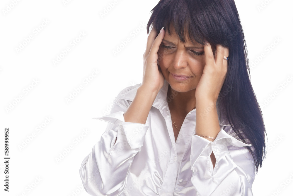 Portrait of Brunette Woman Experiencing Headache in Forehead Portrait of Brunette Woman Experiencing Headache in Forehead
