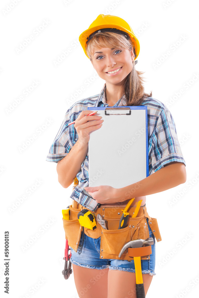sexy female worker showing clipboard with blank sheet