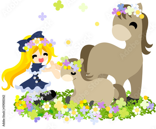 花畑で馬の親子に花冠を与える幼い少女