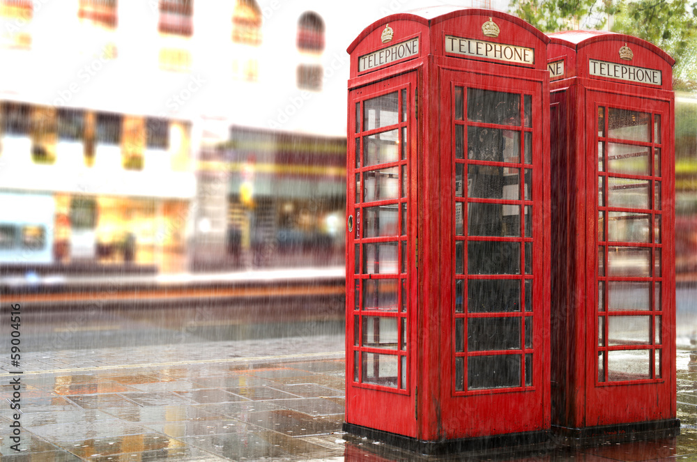 Rainy day.Red Phone cabines in London Rainy day.Red Phone cabines in London