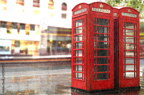Rainy day.Red Phone cabines in London