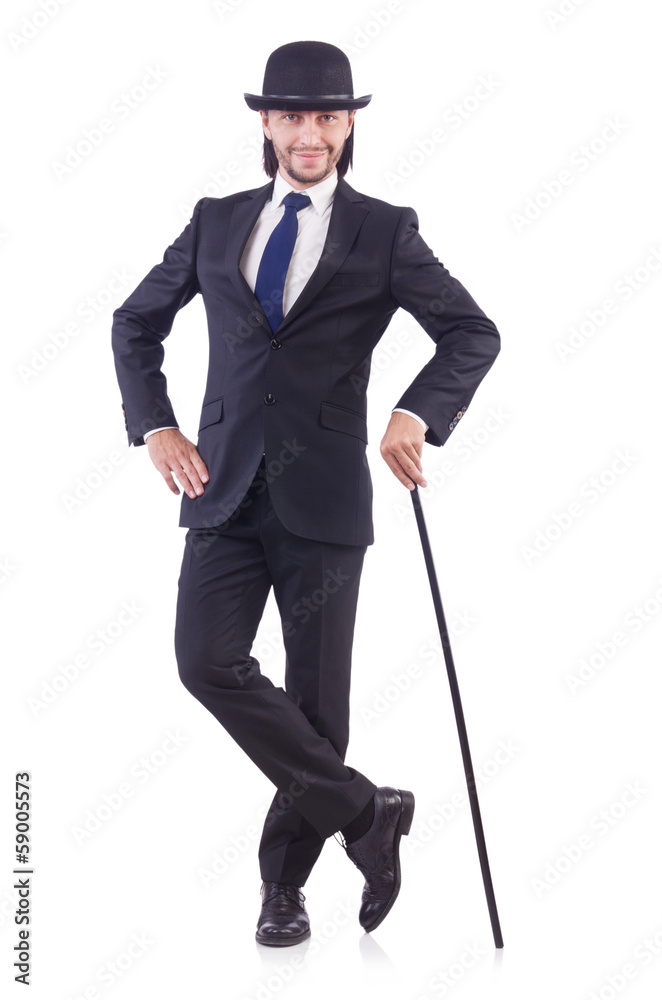 Man dancing with walking stick on white Man dancing with walking stick on white
