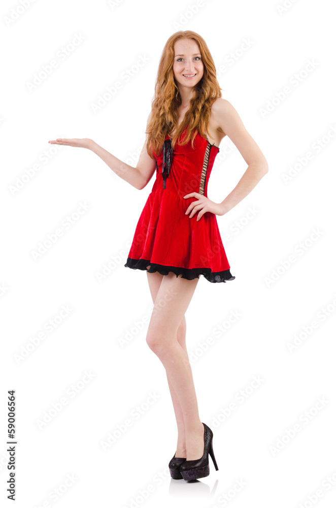 Redhead in red dress on white background